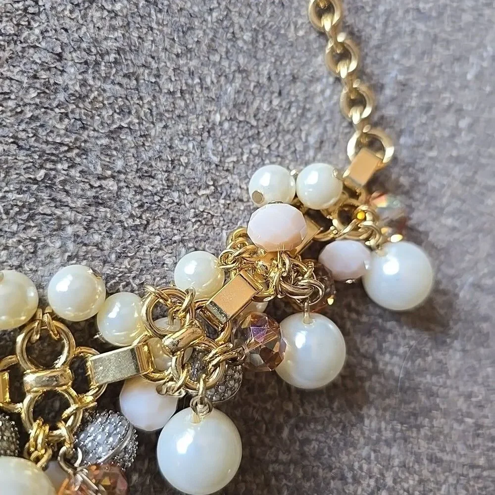 Vtg Signed Talbots Faux Pearl Crystal & Rhinestone Pink Cluster Necklace 22